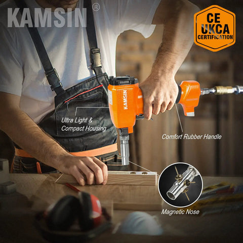 Person using Pneumatic Decorative Nailer For Upholstery Tack Gun, Air Nail Gun For Thumbtacks And Nailheads, Seven Sixteenth Inch Head Diameter, Ideal For Upholstery, Vintage And Antique Furniture with CE UKCA certification label.