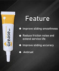 Two Pack Silicone Grease Lubricant For Bambu Lab 3D Printer Guide Rails And Axial Guides next to feature list on black background