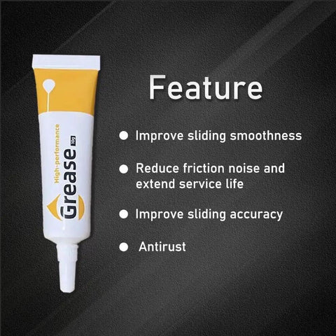 Two Pack Silicone Grease Lubricant For Bambu Lab 3D Printer Guide Rails And Axial Guides next to feature list on black background
