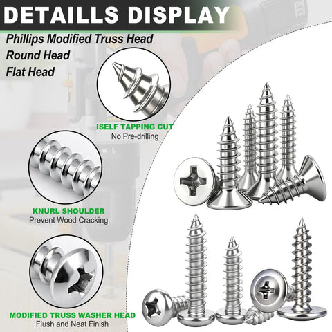 810 Piece Stainless Steel Wood Screws Kit For DIY Projects Self Tapping Screws In Sizes M3 M4 M5 M6 with various head types displayed