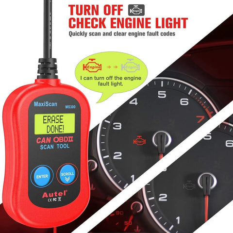 MS300 OBD2 Scanner Code Reader for Cars and Trucks next to car dashboard; plug and play CAN diagnostic tool, turn off check engine light.