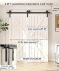 Bypass Sliding Barn Door Hardware Kit For Double Wooden Doors On One Track 6.6 Ft Rail Combination Track Mode Overlap Space For Bypass Doors Fits 77 Inch Openings Easy Install displayed in a room with 40-inch white doors and black hardware.