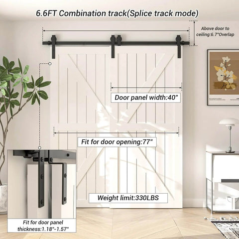 Bypass Sliding Barn Door Hardware Kit For Double Wooden Doors On One Track 6.6 Ft Rail Combination Track Mode Overlap Space For Bypass Doors Fits 77 Inch Openings Easy Install displayed in a room with 40-inch white doors and black hardware.