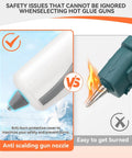 Comparison of Mini Hot Glue Gun Kit anti-scalding nozzle vs traditional hot glue gun with flame risk, highlighting safe design.