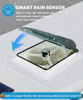 Smart rain sensor of the 14 Inch RV Vent Fan 12V Camper Roof Exhaust detecting rain to close and prevent water entry.
