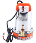 Top Shelf 12 Volt Dc Solar Water Pump Built Like A Tank For Farm And Ranch Jobs Featuring 26 Feet Of Lift Power Plus 100 Liters Per Minute Flow Through 1 Inch Outlet Stainless Steel Submersible Design Zero Hassle Operation In Vibrant Orange Finish, shown with power cord and 1-inch outlet.