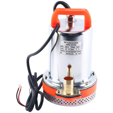 Top Shelf 12 Volt Dc Solar Water Pump Built Like A Tank For Farm And Ranch Jobs Featuring 26 Feet Of Lift Power Plus 100 Liters Per Minute Flow Through 1 Inch Outlet Stainless Steel Submersible Design Zero Hassle Operation In Vibrant Orange Finish, shown with power cord and 1-inch outlet.
