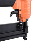 Close-up of the Straight Shooter 18 Gauge Pneumatic Brad Nailer And Twofer Air Stapler with control lever and air connector.