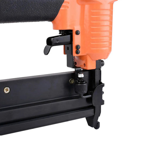 Close-up of the Straight Shooter 18 Gauge Pneumatic Brad Nailer And Twofer Air Stapler with control lever and air connector.