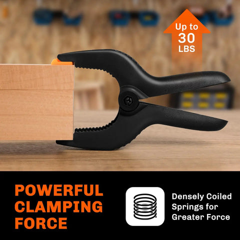 Ten Pack Heavy Duty Spring Clamps Set With Three Sizes 6.5 Inch 4.5 Inch And 3.5 Inch Plastic Backdrop Clips clamping wood with 30 lbs force