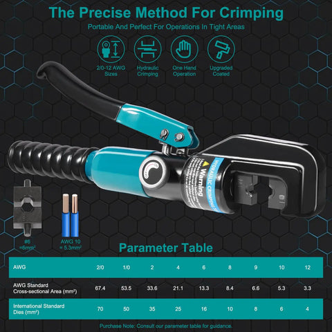Pro Grade 10 Ton Hydraulic Crimping Tool With 9 Dies For Battery Cables And Wire Rope Crimper For 12 AWG To 2/0 AWG