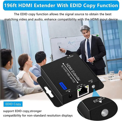 196ft HDMI Extender Over Cat6 with EDID copy function for seamless video and audio connection in meetings.