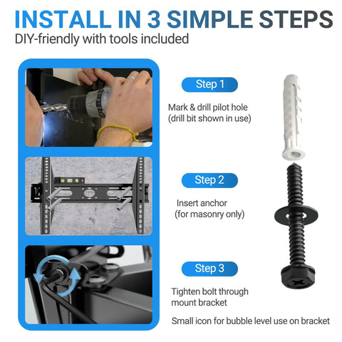 Installation steps for Lag Bolt Kit For TV Wall Mount With M8 Lag Screws, Wall Anchors, Washers, Bubble Level, Allen Key, And Two Drill Bits