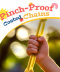 Close-up of child's hand gripping coated chain on High Back Toddler Bucket Swing With Coated Chains And Locking Buckles For Safety
