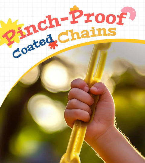 Close-up of child's hand gripping coated chain on High Back Toddler Bucket Swing With Coated Chains And Locking Buckles For Safety
