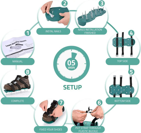 Lawn Aerator Shoes With Adjustable Straps, Spiked Nail Sandals For Deep Soil Aeration And Thatch Reduction setup guide