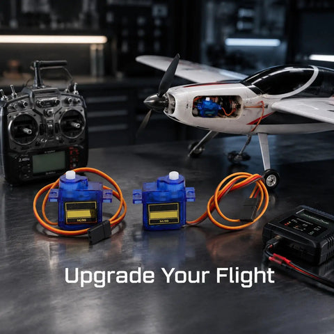 RC plane with SG90 servos, remote, and tools, illustrating Pro Grade 2212 KV1400 Motor With 40A XT60 ESC SG90 Servo And 8060 Prop Kit.