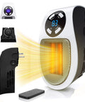 Compact 450W Mini Space Heater With Temperature Detection Remote Control Wall Outlet Plug And Play Adjustable Thermostat And Timer LED Display Easy To Use For Office Home Room RV As Seen On TV, showing frontal and side views with remote control.