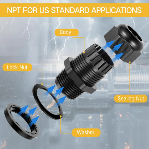 50 Pack 3/4 Inch NPT Black Nylon Cable Glands IP68 Waterproof, Adjustable Locknut, Cable Diameter Compatible, Durable Waterproof Connectors And Cord Grip For Outdoor, Marine, And Industrial Use exploded view