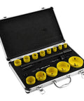 Top Tier M42 Hole Saw Kit With 19 Pieces Ranging From 19mm To 76mm For Cutting Steel Aluminum Wood Plastic Gypsum And More With Carry Case., open case with yellow M42 hole saws, arbors, and drill bits