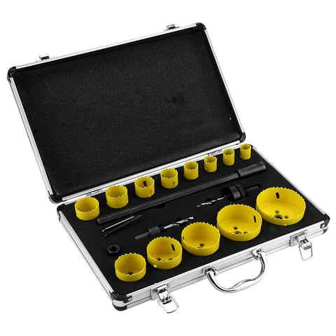 Top Tier M42 Hole Saw Kit With 19 Pieces Ranging From 19mm To 76mm For Cutting Steel Aluminum Wood Plastic Gypsum And More With Carry Case., open case with yellow M42 hole saws, arbors, and drill bits