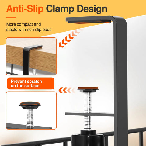 Under Desk Cable Management Tray No Drill Clamp System 1 Pack Black, showing anti-slip clamp design with non-slip pads
