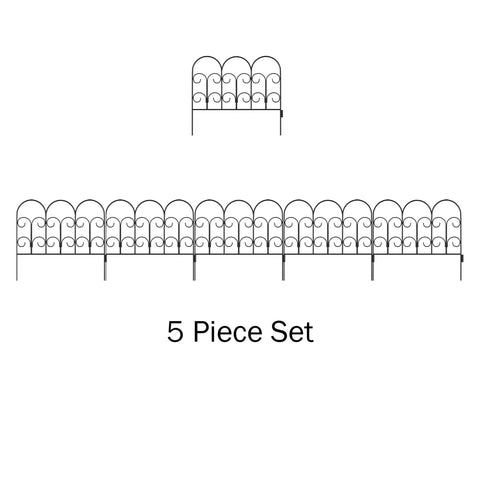 Metal Garden Fencing Set Of 5 Interlocking Panels For Flower Beds And Landscaping Decorative Scroll Edging With Lawn Stakes Seven Point Six Feet Of Border Durable Black Patio Ready Yard Border, shown assembled.
