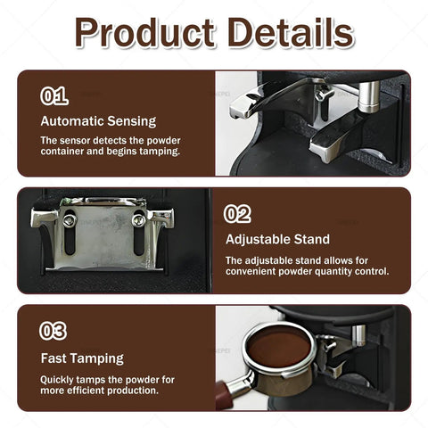 Electric Coffee Tamper 58mm Automatic Tamping Station With Touchscreen Controls And Rock Solid Build That Slashes Prep Time And Saves Wrists While Pulling Dead Even Espresso Shots For Hustling Home Baristas, showing automatic sensing and adjustable stand.