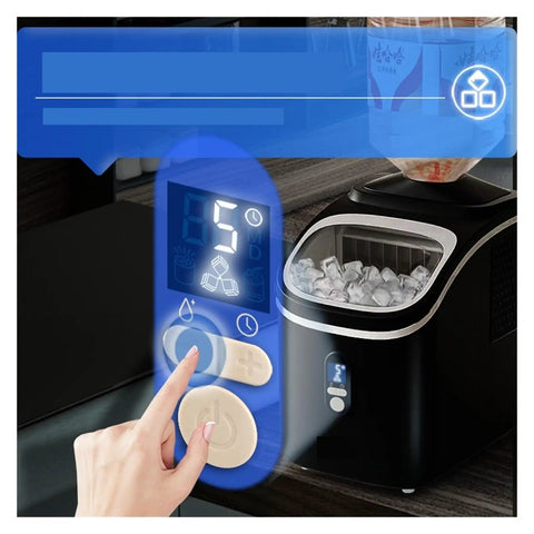 Close-up of countertop ice maker with handle delivering chewable nugget ice in six minutes or less, easy-to-use control panel.