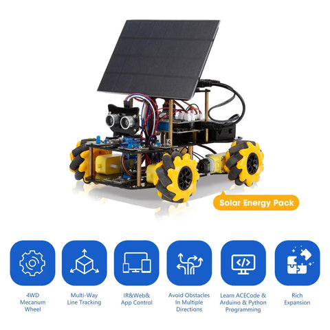 Smart Solar Robot Car Kit 4WD Remote Control For Arduino IDE With ESP32 Ultrasonic Infrared Sensors Mecanum Wheels Metal Gear Servos STEM Coding Project For Teens 12 Plus Kid Friendly Birthday Gift, solar robot car with panel
