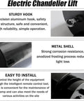 Heavy Duty Electric Chandelier Hoist Lifter With Remote Control And Aviation Grade Steel Wire For Safe Ceiling Light Installation And Smart Home Setup close-up of sturdy hook and metal shell, showcasing installation features and durability.