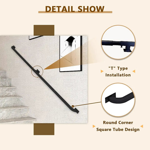 Hella Sturdy Black Wrought Iron Handrail Stair Railing Wall Mount Grab Bar For Indoor And Outdoor Upgrades 18 Foot shown with T type installation.
