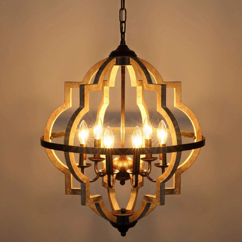 Geometric Orb 6-Light Farmhouse Chandelier With Stardust Finish And Rustic Oak Wood Open Orb Frame, warm glow lighting