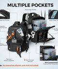 KarryAll KastMate Fishing Tackle Backpack Water Resistant Tackle Bag With 2 Rod Holders open displaying storage compartments.