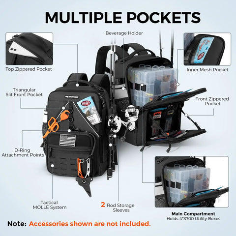 KarryAll KastMate Fishing Tackle Backpack Water Resistant Tackle Bag With 2 Rod Holders open displaying storage compartments.