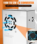 Beefy 110V To 12V DC Power Converter showing built-in cooling fan and aluminum housing for heat dissipation.