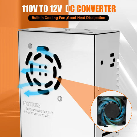 Beefy 110V To 12V DC Power Converter showing built-in cooling fan and aluminum housing for heat dissipation.