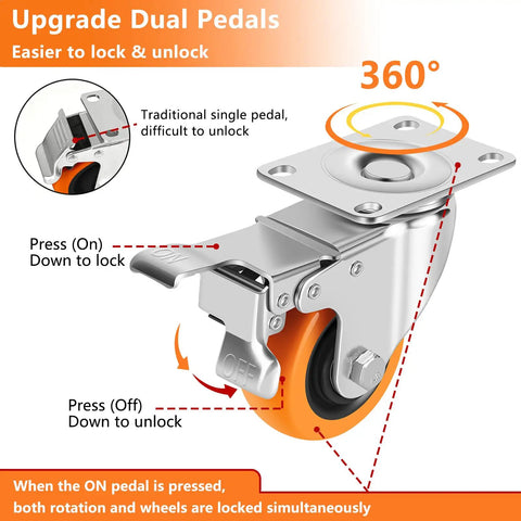 Heavy Duty 3 Inch Caster Wheels Set Of 4 With Dual Pedal Locks showing swivel plate and toe lock mechanism