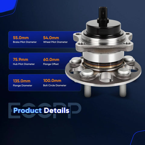 Rear Left And Right Wheel Hub Bearing Assembly With ABS For Lexus CT200h 2011 2017 Toyota Prius 2016 2020 Prius Prime 2017 2021 5 Lug OE 512547 Direct Fit product details with dimensions
