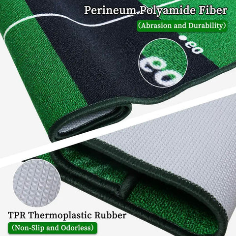 Close-up of Ten Foot By Twenty Inch Golf Putting Green Mat showing durable polyester surface and TPR anti-slip backing