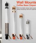 Wall Mount Airtight Coffee Bean Dispenser With Adjustable Flow Settings And Heavy Duty Steel Glass Canister, mounted on wall, showcasing various designs.