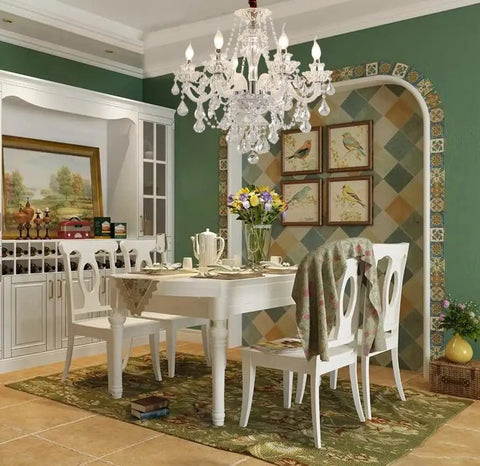 Dining room with Six Light Crystal Chandelier With K9 Clear Crystals, Modern Ceiling Pendant Lighting Fixture over table.