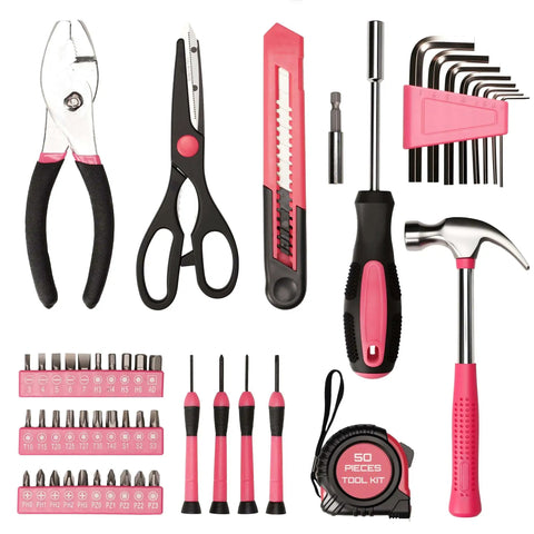 Pink Tool Set For Women With 50-Piece All-In-One Hand Tool Kit With Storage Toolbox Claw Hammer And CR-V Steel Durability tools displayed