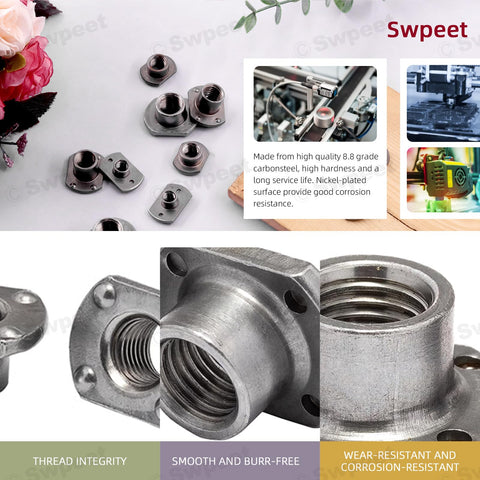 Solid As A Rock M10 T Shaped Weld Nuts 10 Piece Black Carbon Steel Tab Fasteners With UNC Threads And Four Millimeter Projection on a surface.