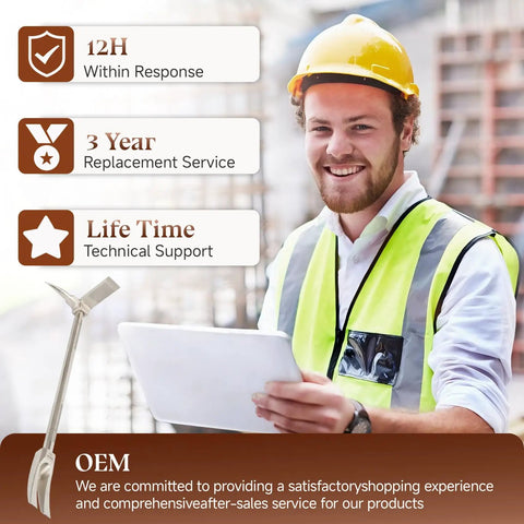 Man in construction helmet with a brochure, next to features of service including 12-hour response, 3-year replacement, and lifetime support.