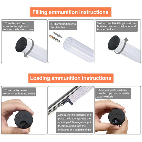 Diagram showing how to use Tubular Magazine Speed Loader For 22 And 17 Caliber Lever Action Rifles Portable Quick Load Accessory