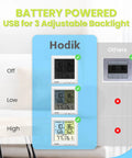 Front view of Hodik wireless freezer thermometer with alarm; blue display panel showing three backlit screens.