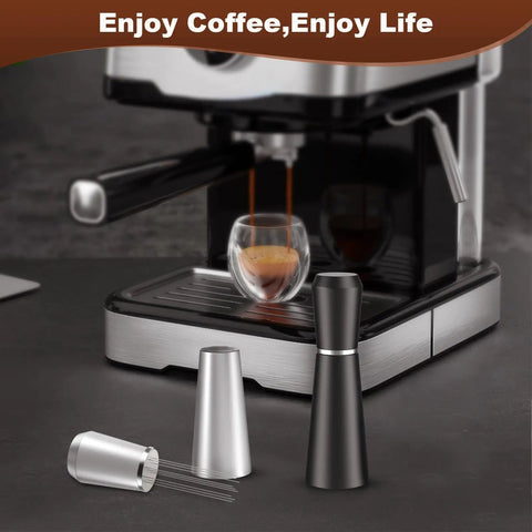 Espresso Distribution Tool WDT With 8 Pin 0.35mm Stainless Steel Needles, Black Aluminum Alloy Handle in use by espresso machine