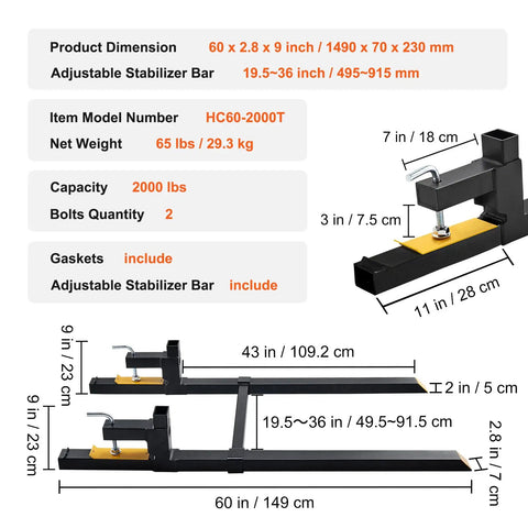 Diagram showing Heavy Duty Clamp On Pallet Forks 2000 Lb Capacity 60 Inch Total Length with detailed measurements and stabilizer bar.