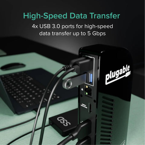 USB C Triple Monitor Docking Station 13 In 1 With 100W Power Delivery connected with cables and SSD, showcasing USB ports.